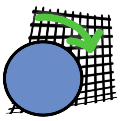 a blue circle with a grid that is warping around it. a green arrow follows the curve.